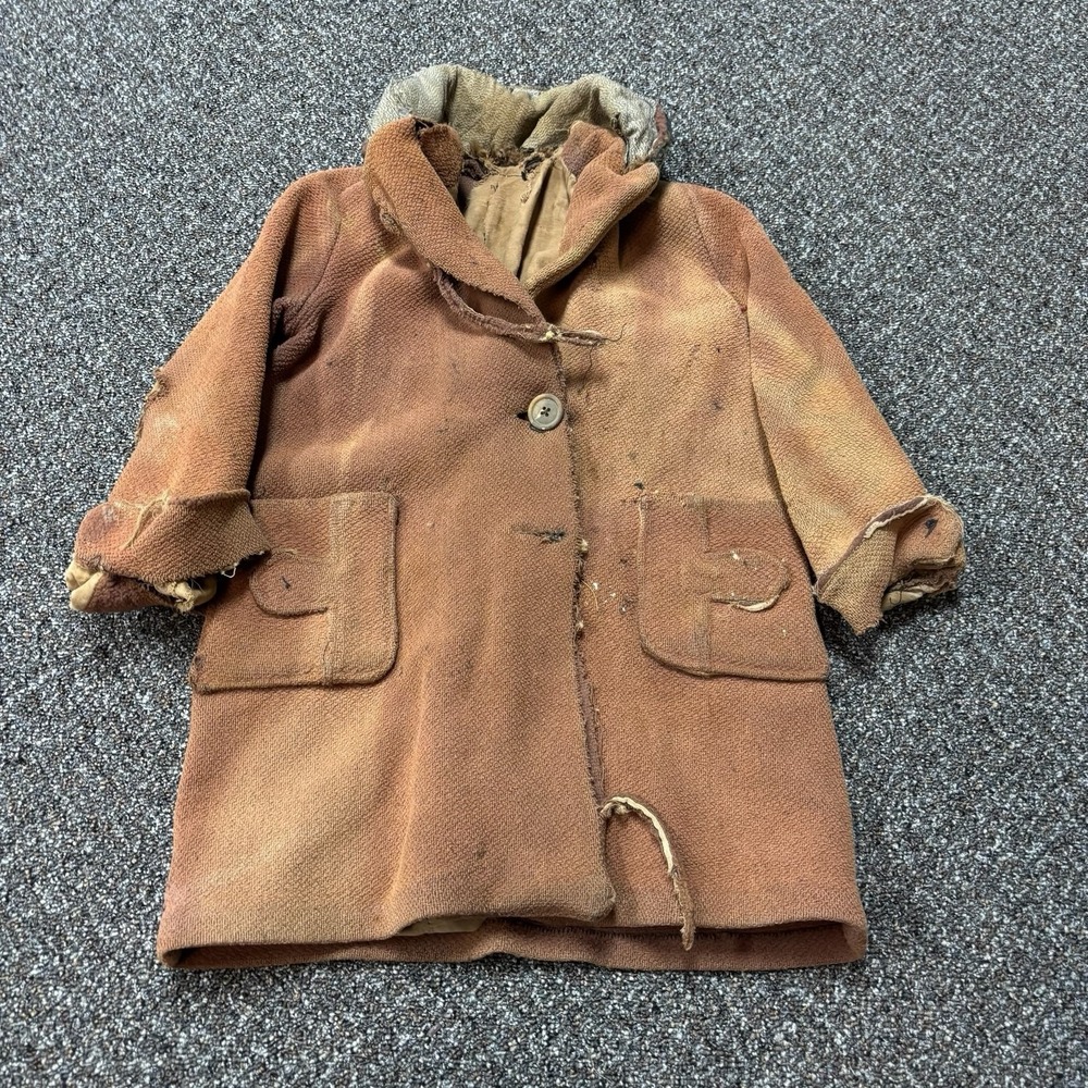 True Vintage 1940s Button Up Pea Coat Rare Tan Wool Thrashed Long Sz Large